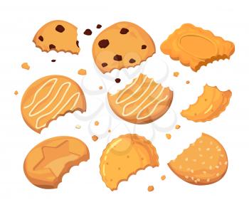 Traces from stings on the cookies and different small crumbs. Cartoon vector illustration set. Crumb cookie and sweet snack dessert biscuit with chocolate