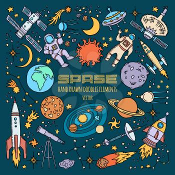 Space objects in universe. Vector hand drawn illustration. Space universe with planet and satellite, spaceship and astronaut