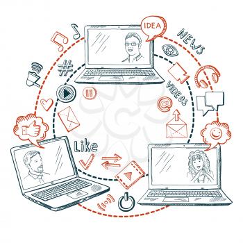Social network communication. Share information between business people. Friends talking. Vector hand drawn illustrations