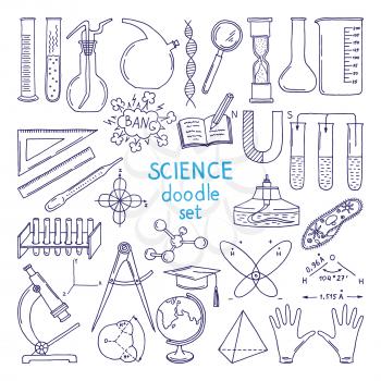 Tools of sciences isolated on white. Technology equipment, biology class. Hand drawn illustrations equipment drawing compasses and globe, beaker and flask vector