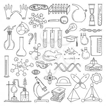 Black silhouette of scientific symbols. Chemistry and biology art. Education vector elements set. Scientific biology and physics experiment, research and test in laboratory illustration