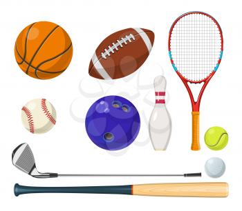 Vector sports equipment in cartoon style. Balls, rackets, golf sticks and other vector illustrations. Sport equipment for golf and tennis