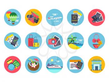 Travel icons set in colored circle shapes. Vector illustrations in flat style.Summer travel icons, vacation and trip