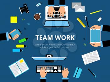 Poster with hands and computer devices. Business presentation or other actions. Vector background picture in flat style. Business work space laptop and communication team work illustration