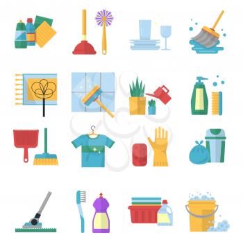 Vector symbols of cleaning services in cartoon style. Brush, dust and bucket. Equipment for household and housekeeping, broom and brush illustration