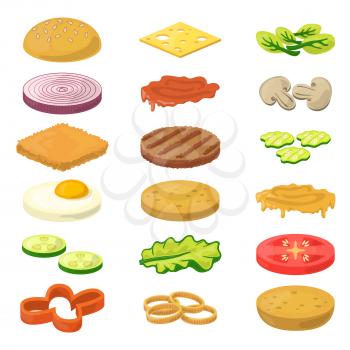 Vector illustration of different burgers ingredients in cartoon style. Fast food pictures. Ingredient food for snack burger cartoon