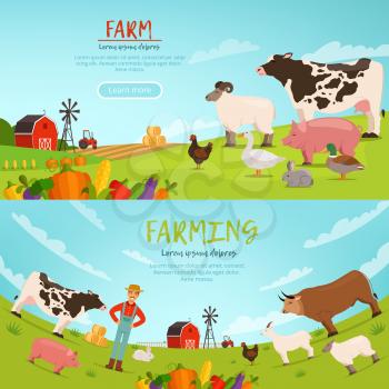 Agribusiness vector illustrations. Horizontal banners with farm landscape with house, transport and domestic animals. Farm landscape house and rural nature with domestic animal