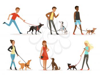 Animal friendship. Happy people walking with funny dogs. Illustrations in cartoon style dog and man, happy dogs with people