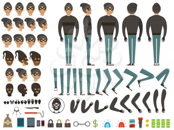 Mascot or character design of bandit. Vector creation kit with specific elements and different body parts. Man burglar construction leg and hand illustration