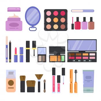 Different perfume and cosmetics set. Makeup illustrations in flat style. Vector cosmetic lipstick and mascara, fashion brush and eyeshadow