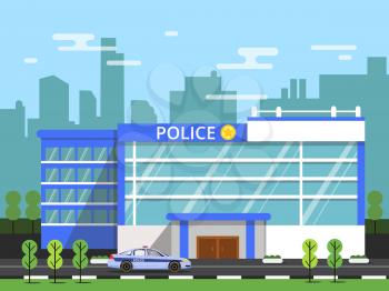 Police or security department. Exterior of municipal building. Vector illustration in flat style police department building