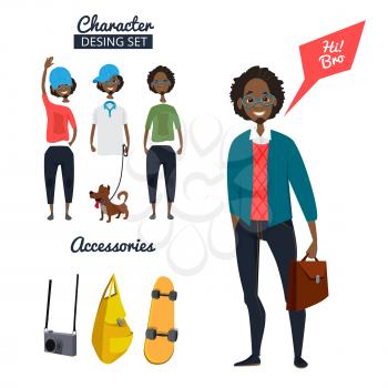 Cartoon character of male hipster in casual style clothes. Different specific details and objects. Character man with skateboard, bag and camera illustration