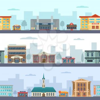 Horizontal seamless pattern of urban landscapes with municipal buildings and different commercial shops and market places. Urban building bank and cinema, museum and pizza. Vector illustration