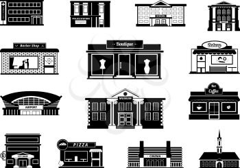 Shops, markets and others municipal buildings. Monochrome urban vector illustrations. Building shop and market, store and bakery