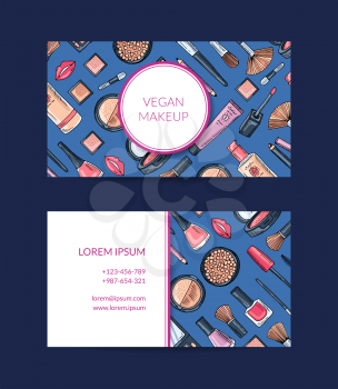 Vector business card template for beauty brand or makeup artist with hand drawn makeup and skincare background illustration
