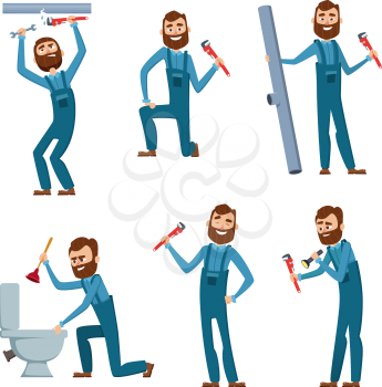Plumber at work. Characters design set. Plumber work, character occupation builder and repairman. Vector illustration