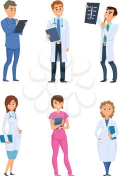 Medic nurses and doctors. Healthcare characters in different poses. People in hospital, physician and medic man, medical nurse, vector illustration