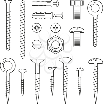 Monoline pictures of bolts, nuts, nails and screws. Vector illustrations set. Screw bolt and hardware element for fix