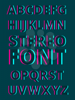 Stereoscopic alphabet on dark background. 3d characters. Alphabet stereoscopic effect, illusion distorted, vector illustration