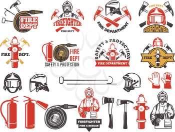 Colored badges for firefighter department. Symbols set of emergency protection isolated on white. Fire department and fireman, firefighter and extinguisher, vector illustration