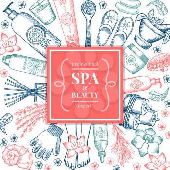 Spa salon background pictures. Different natural organic pictures in doodle style. Beauty spa and cosmetic floral, vintage natural banner illustration