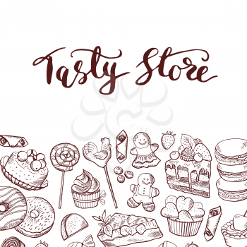 Vector hand drawn contoured sweets shop or confectionary background with lettering illustration