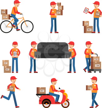 Workers of delivery. Different characters set. Service man worker delivery, courier with package. Vector illustration