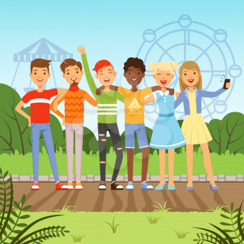 Big friendly group of multiracial teenagers. Vector background picture in cartoon style. Young teenager people illustration