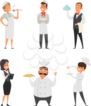 Professional staff of the restaurant. Cook, waiter and other cartoon characters. Restaurant service chef character and waiter. Vector illustration