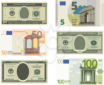 Illustrations of fake dollars and euro. Vector pictures of money banknote of set. Cash bill collection