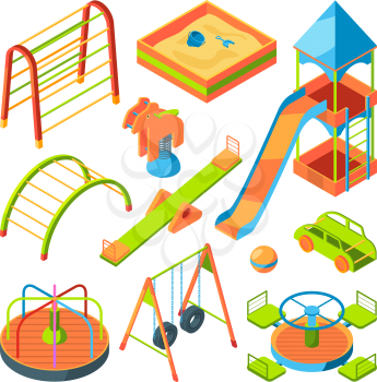 Kids playground. Isometric pictures set. Playground with ladder and slide. Vector illustration
