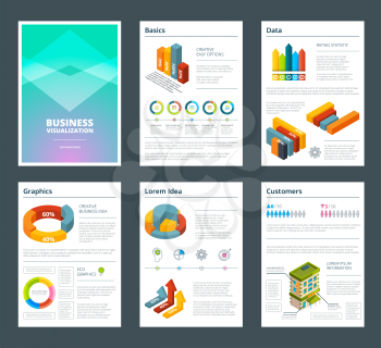 Design of annual reports with colored pictures of charts. Business report template with chart and graphic illustration vector