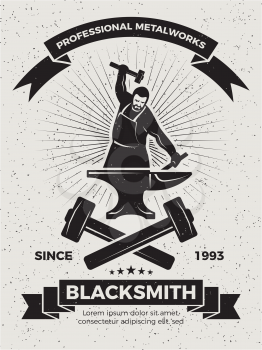 Vintage poster for old forge. Blacksmith with hammer badge, banner forge and sledgehammer. Vector illustration