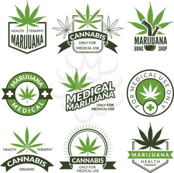 Medical badges or labels set. Monochrome illustrations of canabis and marijuana. Collection of marijuana and canabis medical emblems vector