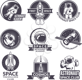 Emblems, labels or logos of space theme with illustrations of space and astronauts. Rocket and astronaut travel logo vector