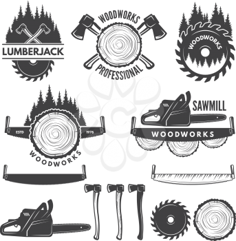 Monochrome labels set with lumberjack and pictures for wood industry. Vector lumberjack logo, industry carpentry and woodwork illustration