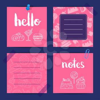 Vector notes templates set with linear and flat style sweets icons with cute lettering illustration