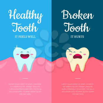 Vector concept illustration with cartoon healthy and ill broken teeth in mouth with gums and place for text