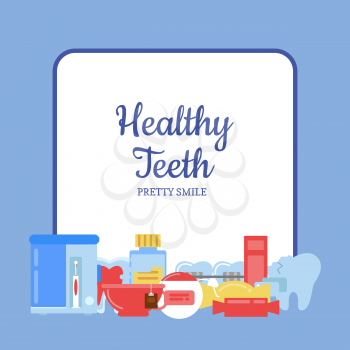 Vector flat style teeth hygiene icons pile below frame with place for text illustration