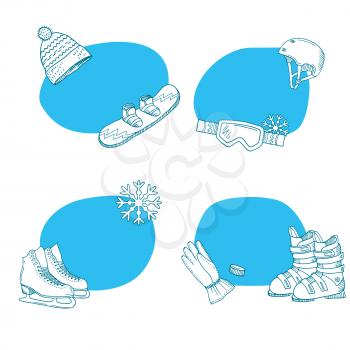 Vector hand drawn winter sports equipment stickers collection with place for text set illustration