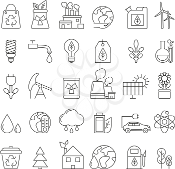 Eco symbols in mono line style. Industrial and ecology pictures set. Ecology and energy power, industry electric ecological station illustration