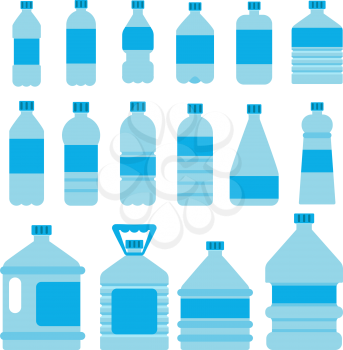 Set of plastic bottles for water. Vector pictures in flat style. Container plastic water with water beverage, fresh and clean illustration
