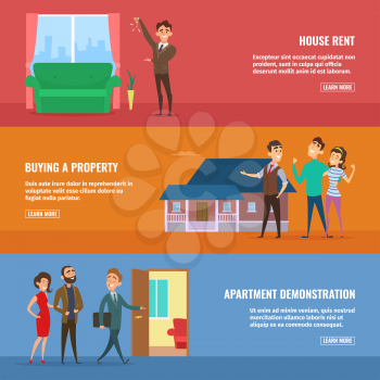 Business concept illustrations set. Real estate agents selling different buildings to happy family couples. Vector building home with realtor agent banners of set