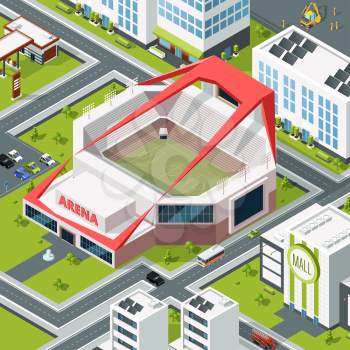 Isometric urban landscape with modern building of stadium. Vector stadium arena and sport building football illustration