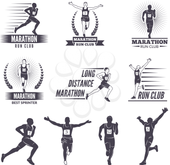Logos or labels for runners. Marathon graphics label, run athlete competition, vector illustration