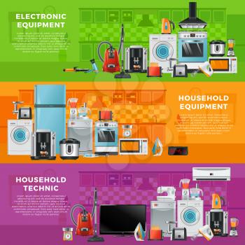 Horizontal banners set with different household technics. Electronic equipment in cartoon style. Kitchen household, wash machine and refrigerator. Vector illustration