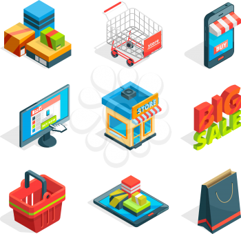Isometric icon set of online shopping. Symbols of ecommerce. Buying in internet isometric trolley and smart phone, vector illustration