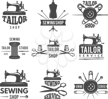Different labels or logos set for tailor shop. Workshop emblem and badge atelier. Vector illustration