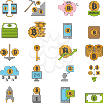 Bitcoin and other symbols of crypto industry. Mining different coins. Vector bitcoin currency finance, coins crypto money mining and cryptocurrency illustration