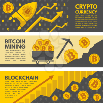 Horizontal banners with illustrations of bitcoin mining industry. Crypto currency and exchange bitcoin money vector concept